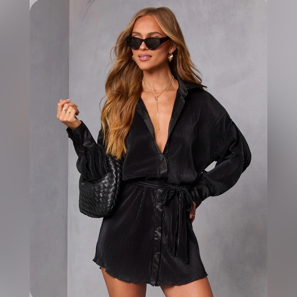 Vici Black Long Sleeve Textured Shirt Dress